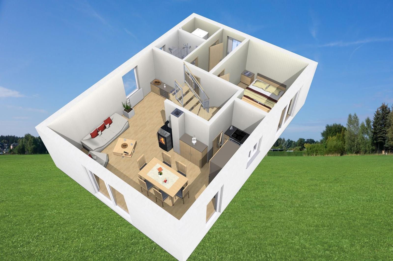 Ein Haus mit Wohnzimmer, Küche, Schlafzimmer und Bad. Außenbereich mit Grünfläche.
