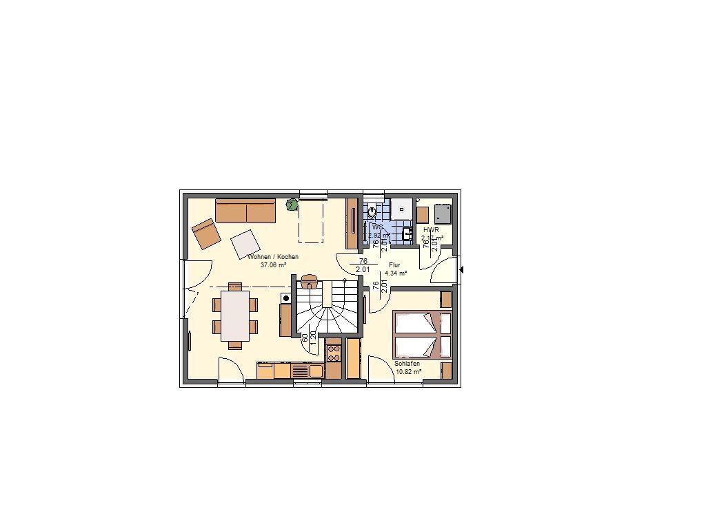 Wohnung mit Wohn-/Küchenbereich, Schlafzimmer und Flur. Raumlichkeiten mit Möbeln eingezeichnet.