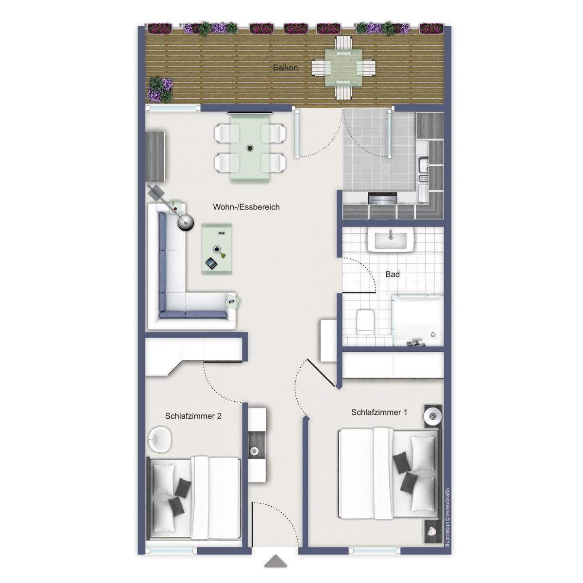 Wohnung mit Balkon, Wohn-Essbereich, Bad und zwei Schlafzimmern.