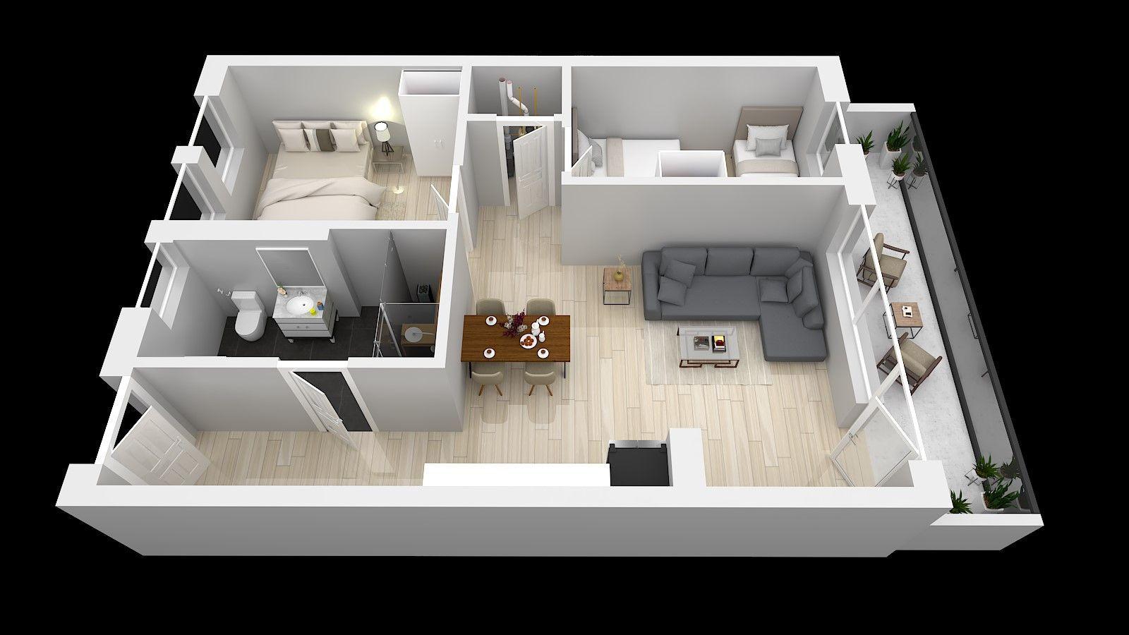 Zweizimmer-Wohnung mit Wohnzimmer, Essbereich, Küche und Bad.