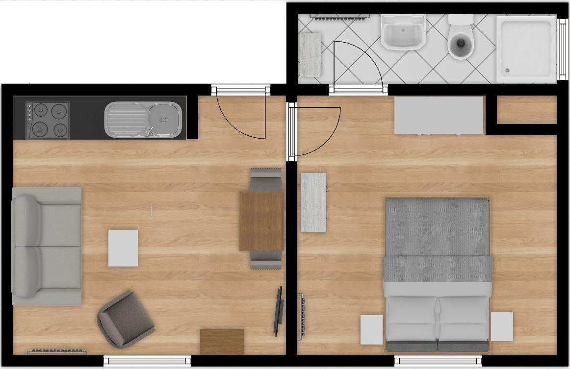 Wohnküche mit Sofa, Küchenzeile und Wandbild
