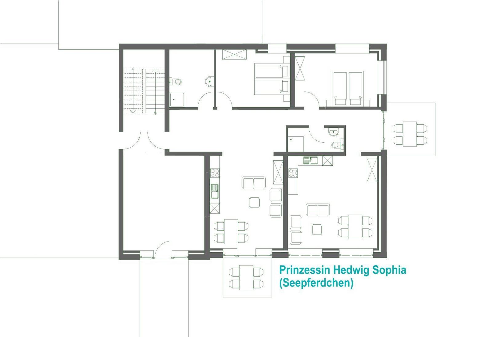 Floor plan of Princess Hedwig Sophia apartment with kitchen, living area, dining room, bedrooms, and bathrooms.