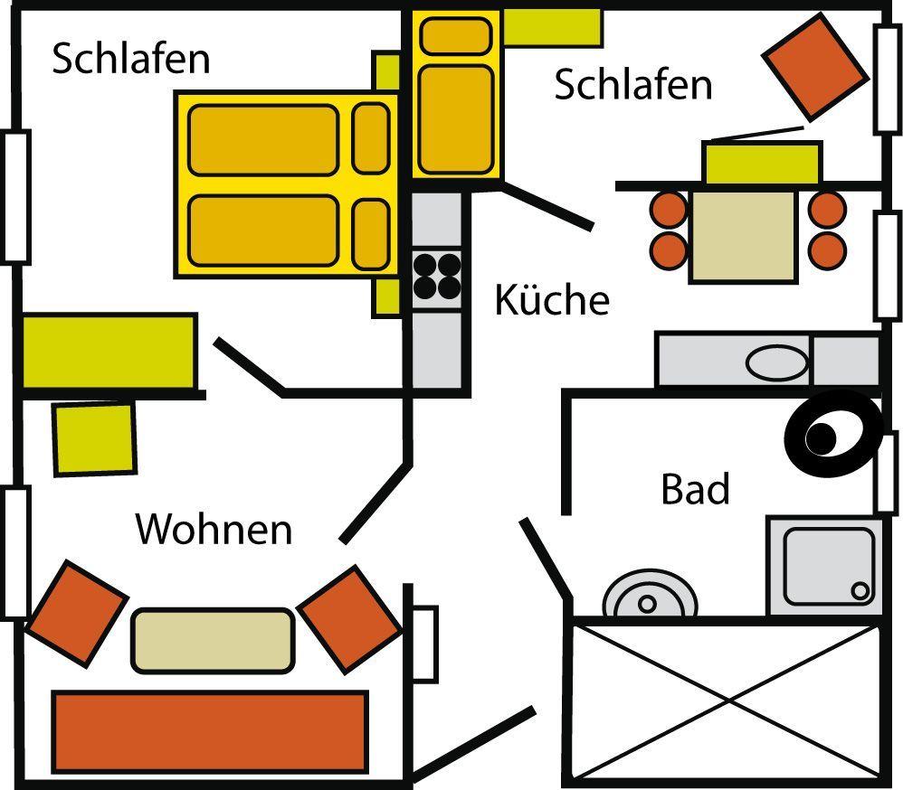 TV zeigt Strandbild, dahinter Schlafzimmer mit Bett und Wandbild.