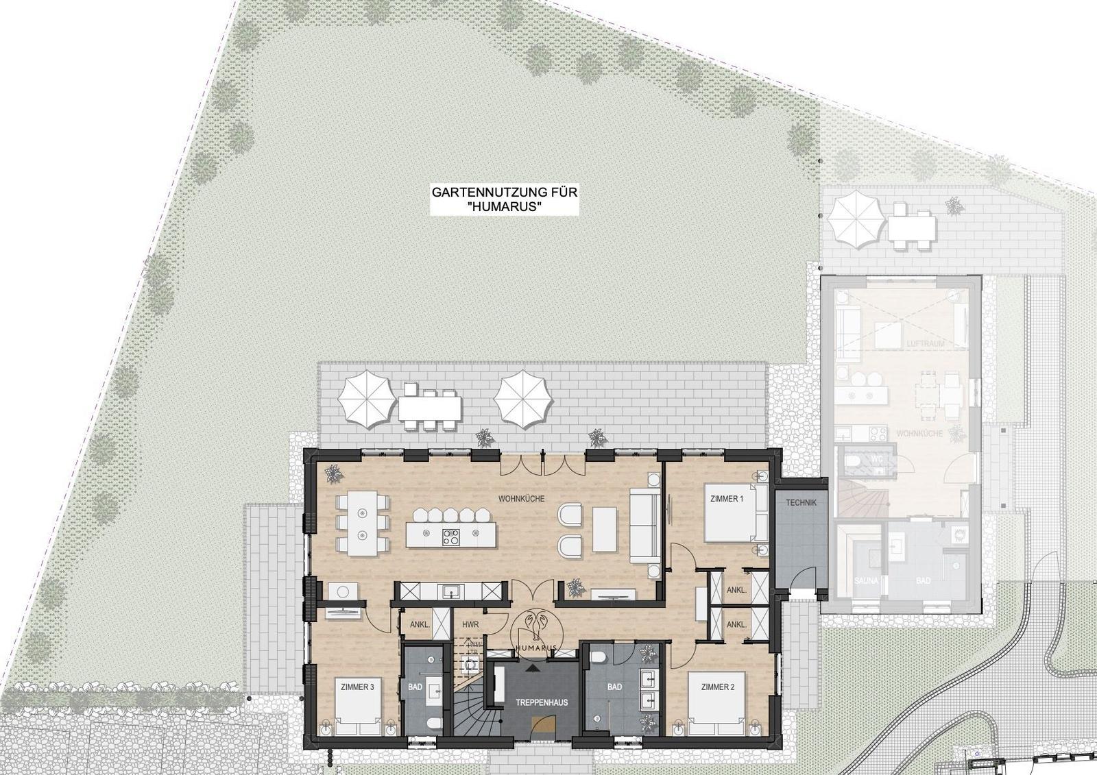 Gartenbereich und Grundriss des Hauses Humarus mit Wohnküche, Schlafzimmern und Bad.