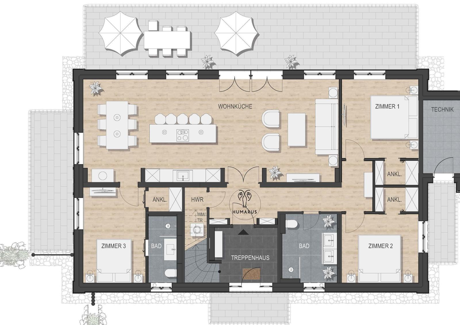 Wohnküche mit Essbereich, drei Schlafzimmer, Bad und Terrasse mit Tisch und Sonnenschirmen.