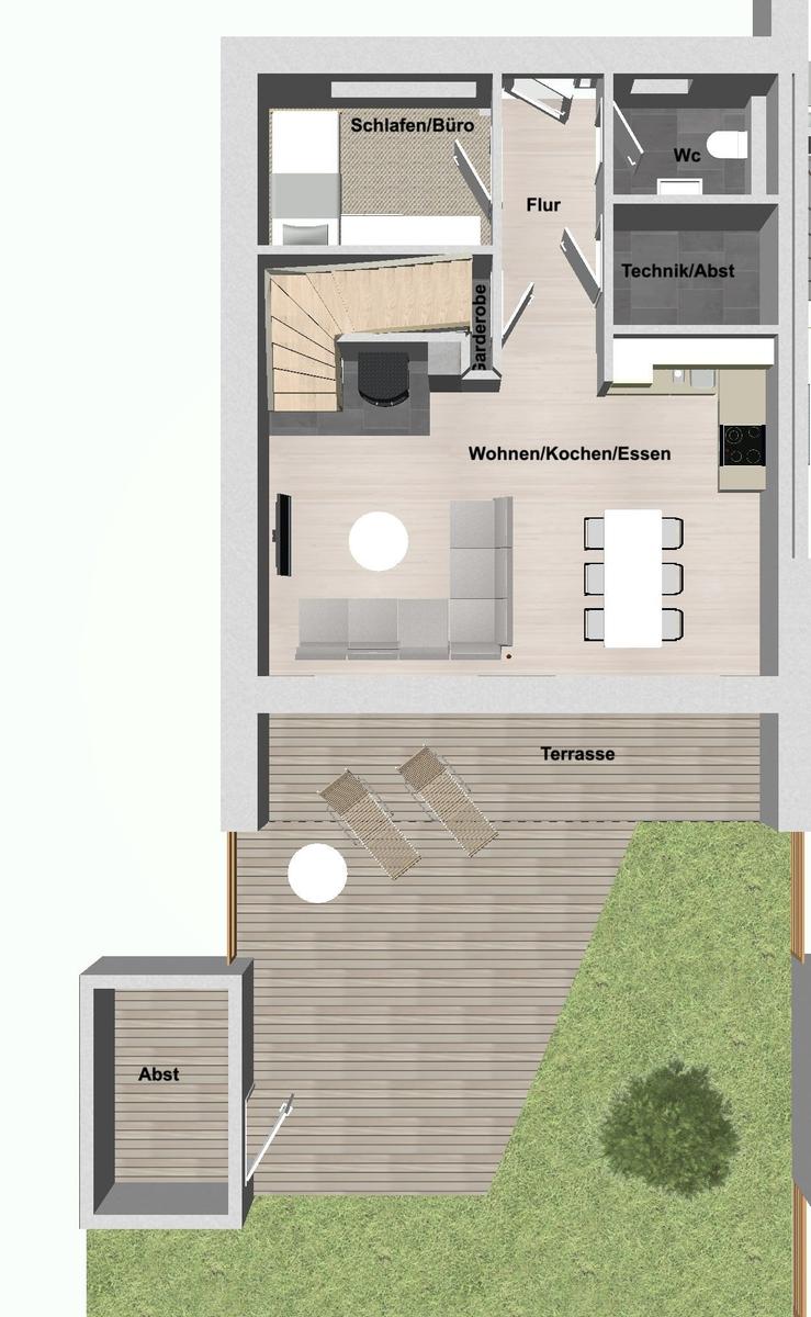 Wohnung mit Schlafzimmer, Küche, Terrasse und Bad