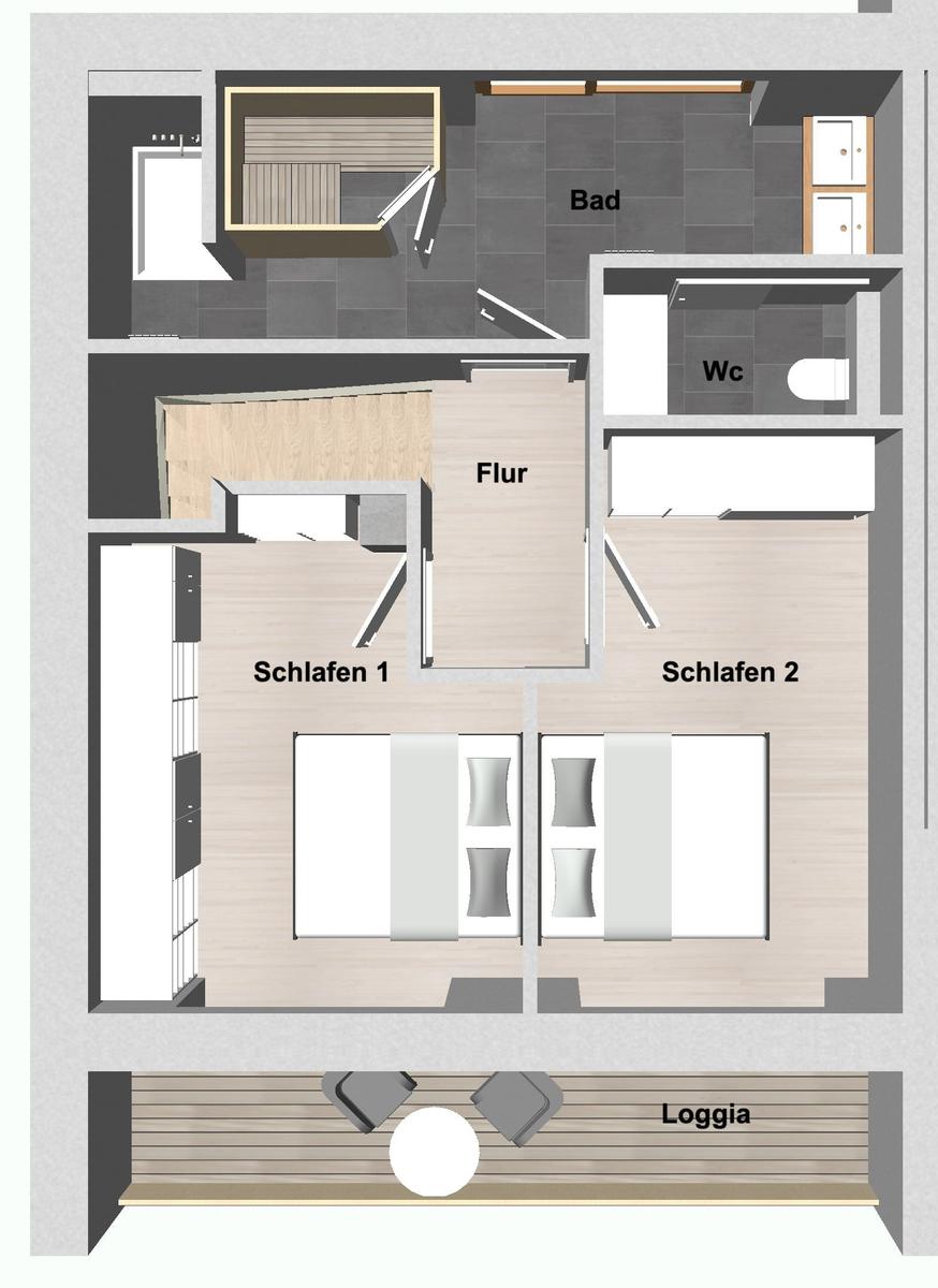 Zwei Schlafzimmer, Bad, WC, Flur und Loggia im Grundriss.