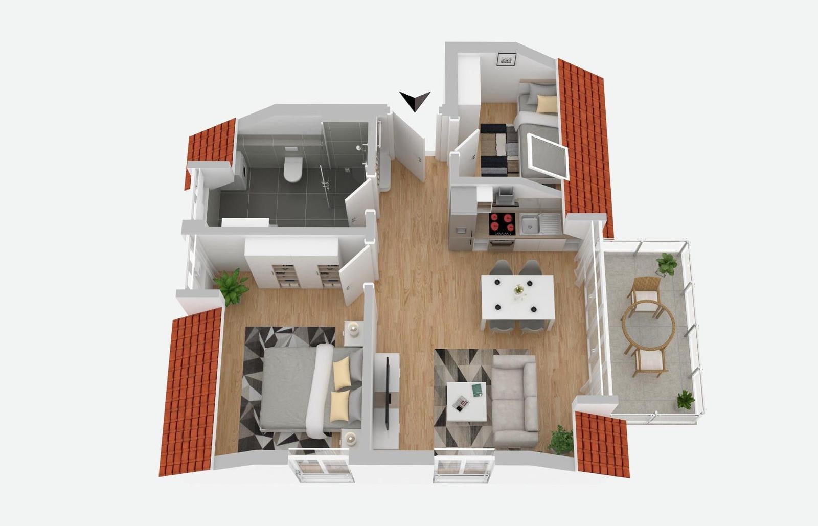 Schlafzimmer mit Dachschrägen, Bett, zwei Nachttischen und Lampen. Fenster mit Vorhang.