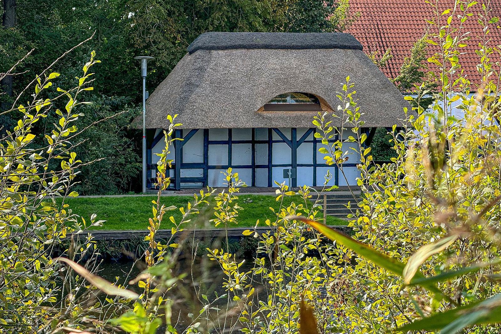 Übersichtsplan einer Wohnung mit Essbereich, zwei Schlafzimmern und zwei Bäumen im Garten.
