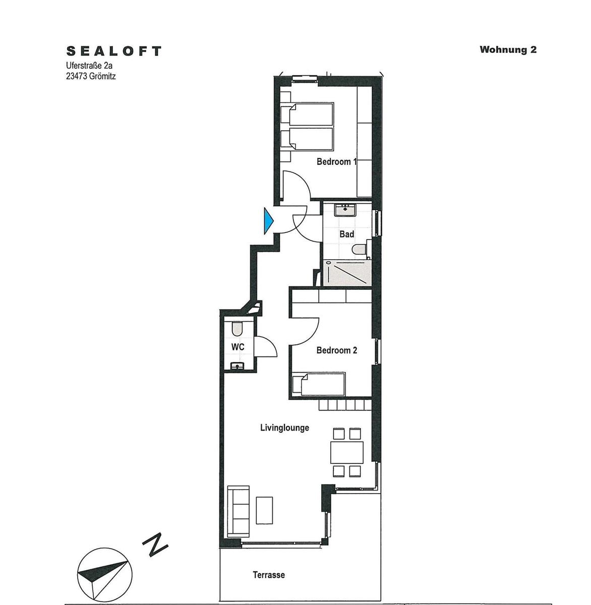 Wohnung 2 mit zwei Schlafzimmern, Bad, WC und Terrasse.