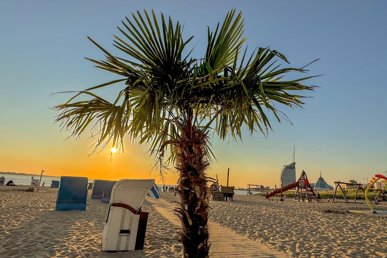 Sonnenuntergang am Strand mit Blick auf moderne Gebäude und Strandkörbe.