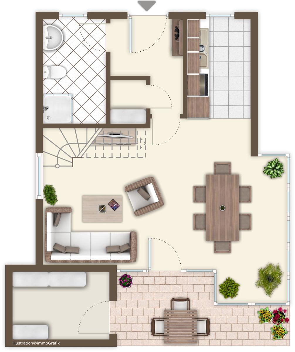 Red brick building with glass roof and parking lot. Trees and shrubs surround the property.