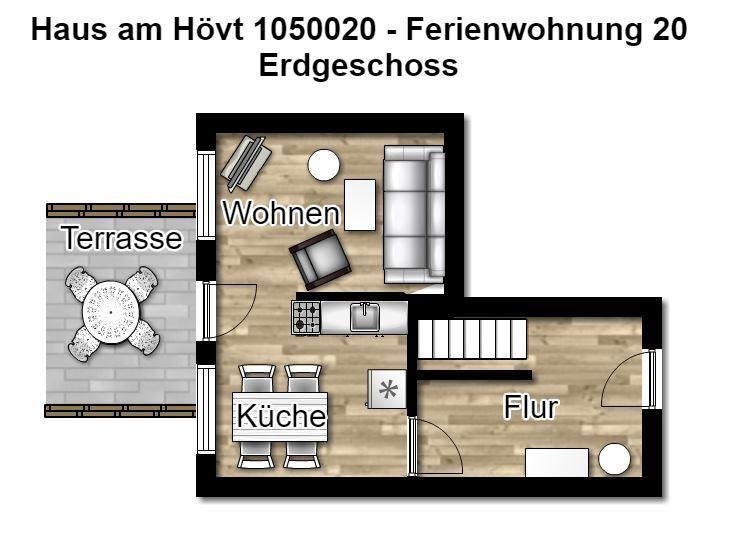 Obergeschoss mit zwei Schlafzimmern, Flur, Bad und Treppenhaus.