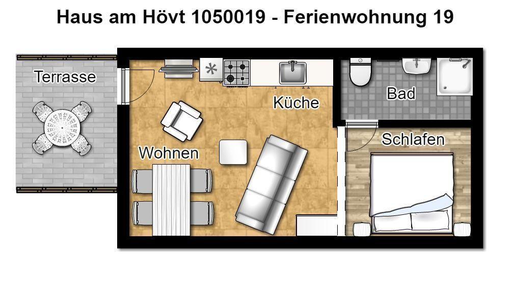 Ferienwohnung mit Küche, Wohnen, Schlafzimmer, Bad und Terrasse mit Tisch und Stühlen.