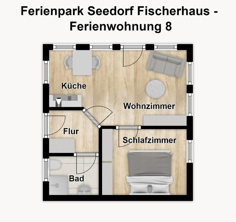 Zweistöckiges Haus mit Balkon, rotem Sockel und weißen Stühlen im Vorgarten.