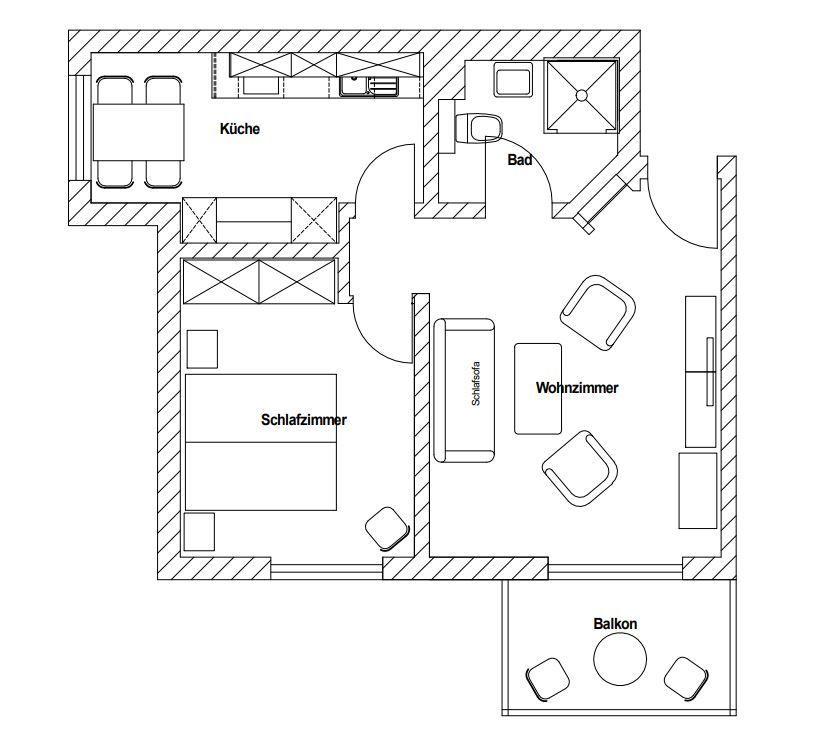 Wohnung mit Küche, Schlafzimmer, Bad, Wohnzimmer und Balkon.