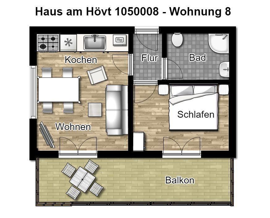 Apartment with kitchen, living area, bedroom, bathroom, and balcony.