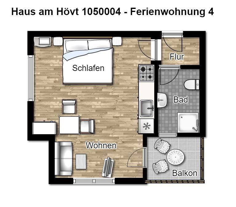 Ferienwohnung mit Schlafzimmer, Wohnbereich, Bad und Balkon. Flur und Küche sind integriert.