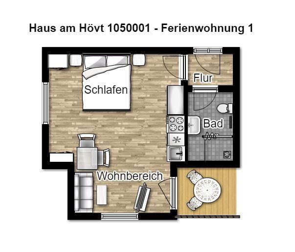 Ferienwohnung mit Schlafzimmer, Wohnbereich, Küche und Bad. Flur und separate Toilette.