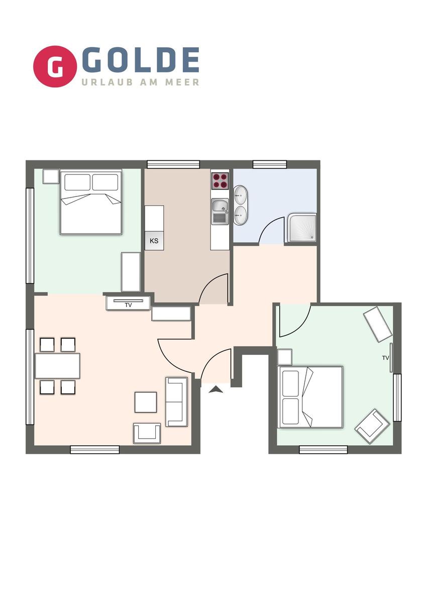 Zwei Schlafzimmer, Küche, Bad und Wohnbereich mit TV.