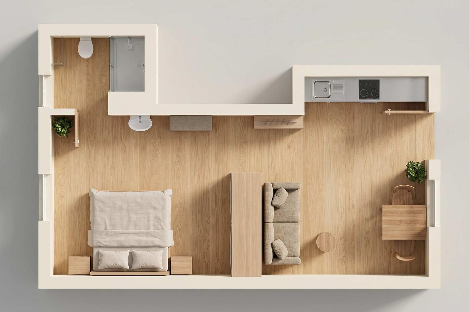 Hinterhof mit Holztisch, Bänken und Steinofen unter Bäumen.