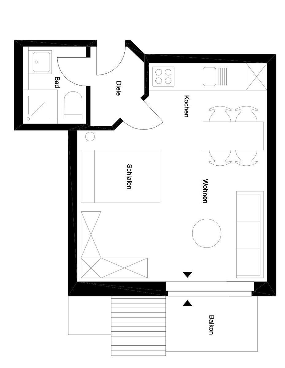 Wohnung mit Schlafzimmer, Küche, Bad und Balkon. Flur führt zum Schlafzimmer.