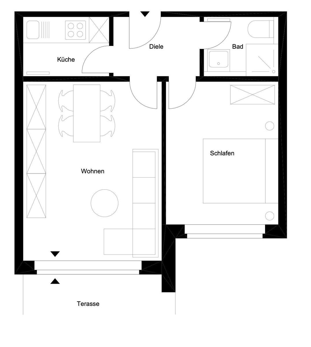 Wohnung mit Küche, Wohnbereich, Schlafzimmer, Bad und Terrasse.