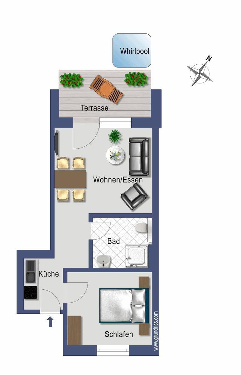 Wohnung mit Küche, Schlafzimmer, Bad, Wohnbereich und Terrasse mit Whirlpool.