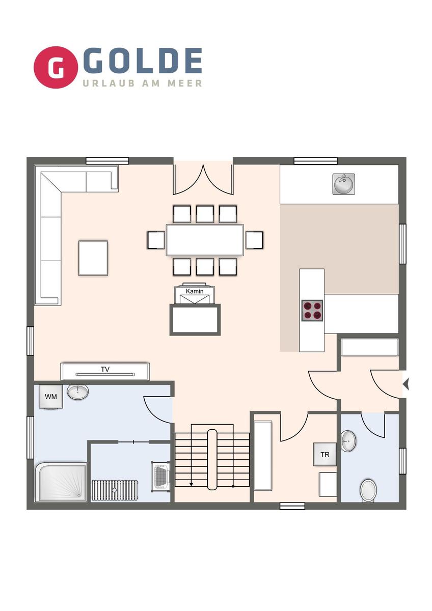 Zwei Schlafzimmer, Wohnbereich, Bad und Treppe mit TV-Anschlüssen.
