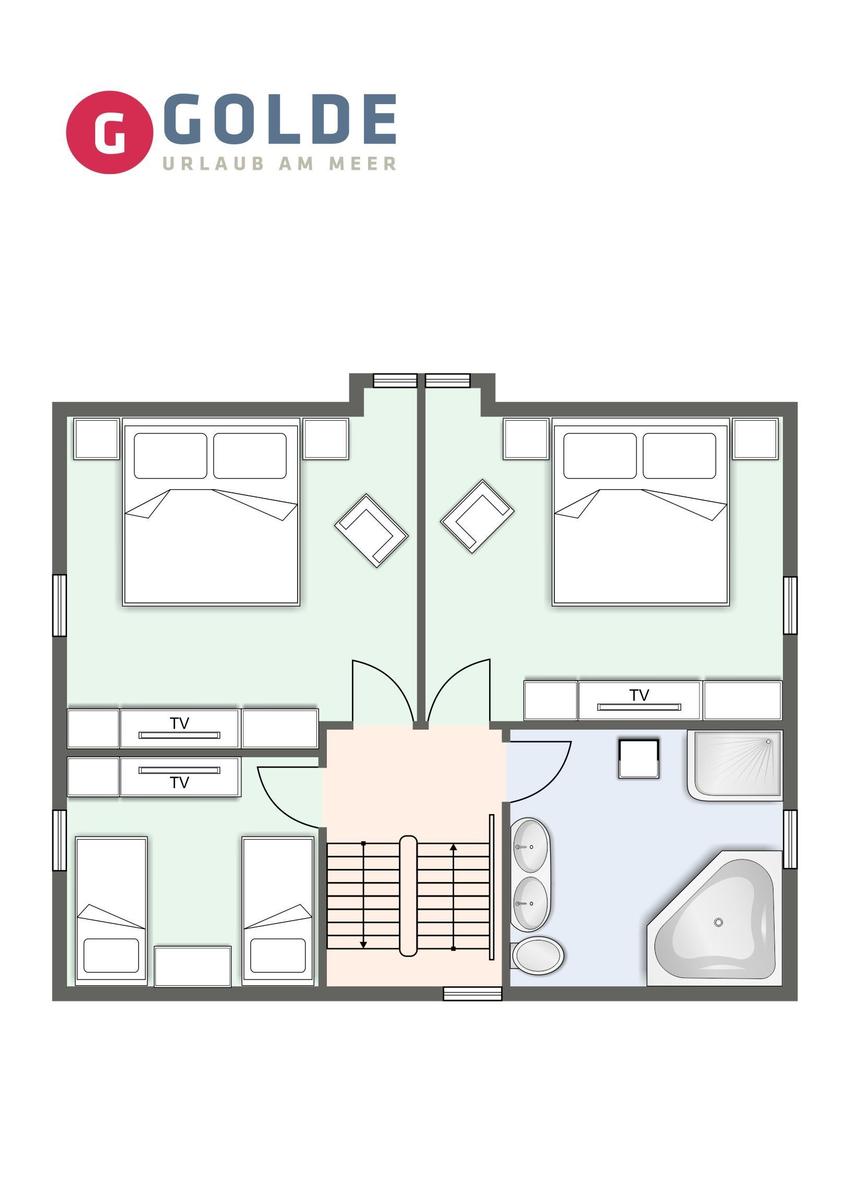 Zimmerplan mit Bett, TV und Stufen zur Galerie