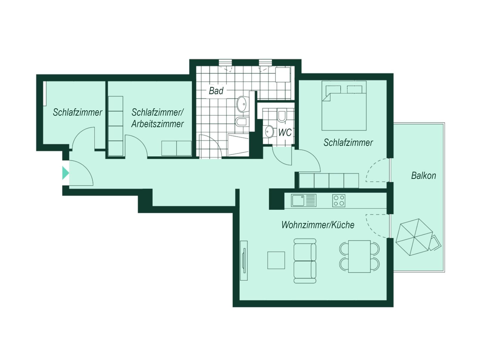 Wohnung mit drei Schlafzimmern, Bad, Küche und Balkon.