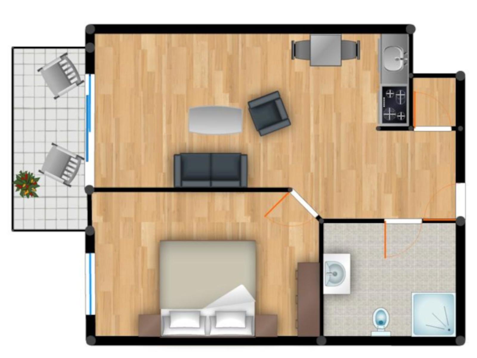 Wohnung mit Schlafzimmer, Küche, Bad und Terrasse.