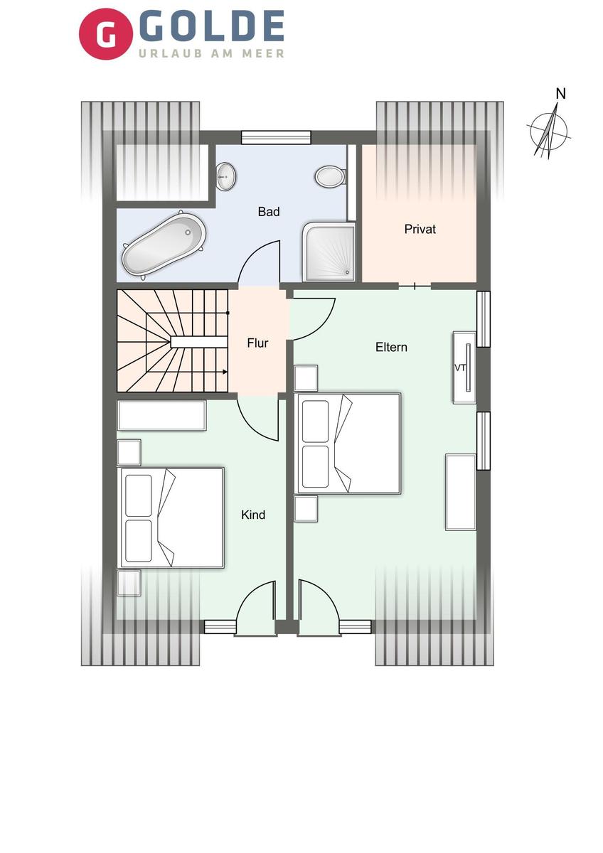 Haus mit Backsteinfassade und schwarzem Dach. Vorhof mit Kies und Steinweg.