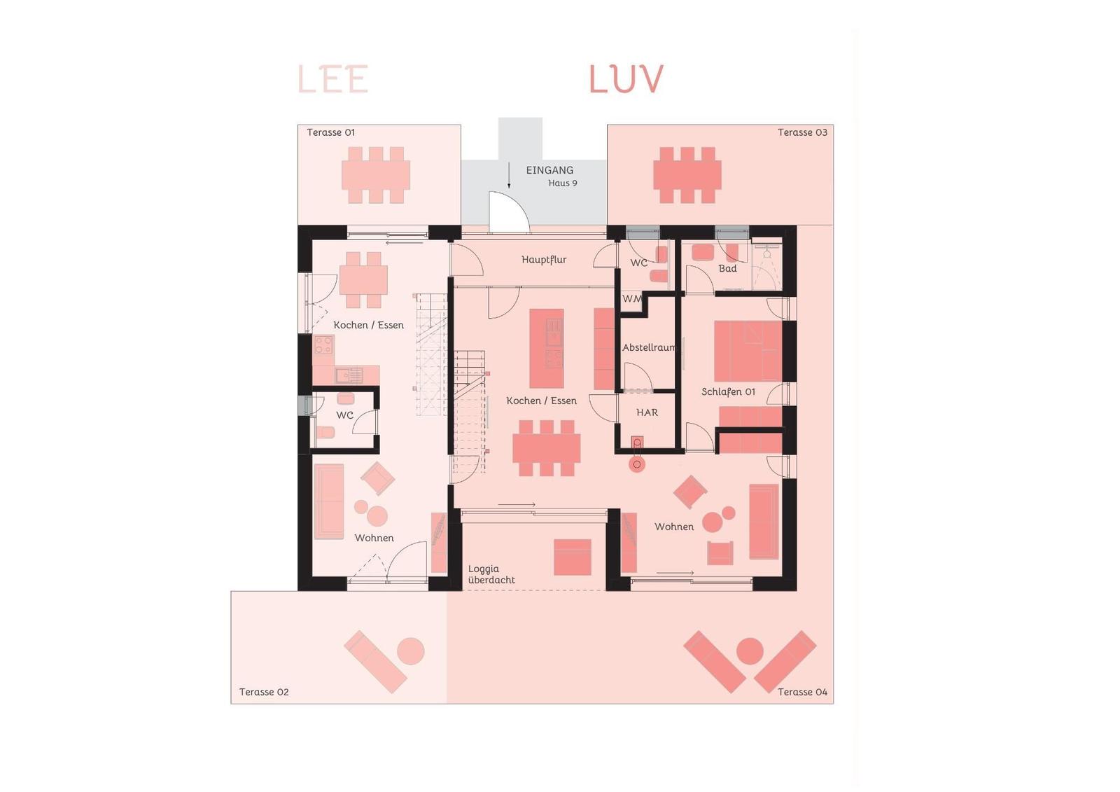 LUV  LEE liegt im Nordosten des Geländes, nahe Hof 1 und Nr. 15.