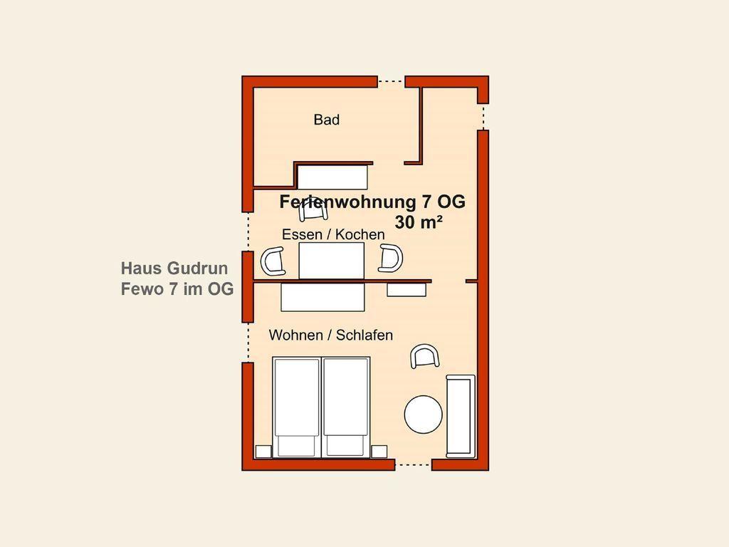 Lageplan mit Ferienwohnungen, Villa und Parkplätzen. Entfernungen zum Ortskern und Strand.