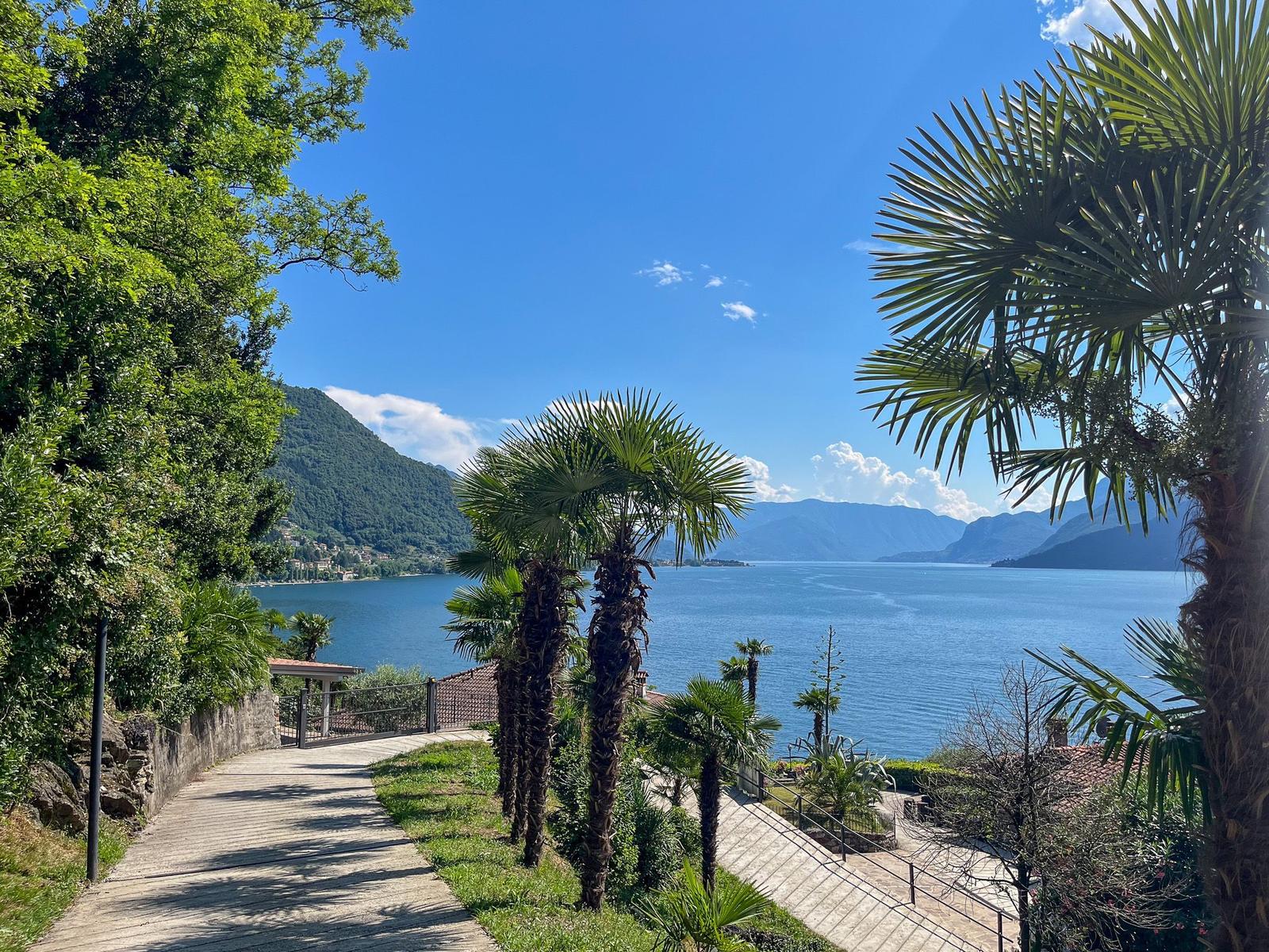 Weg mit Geländer führt zu Blick auf See und Berge mit Blumen