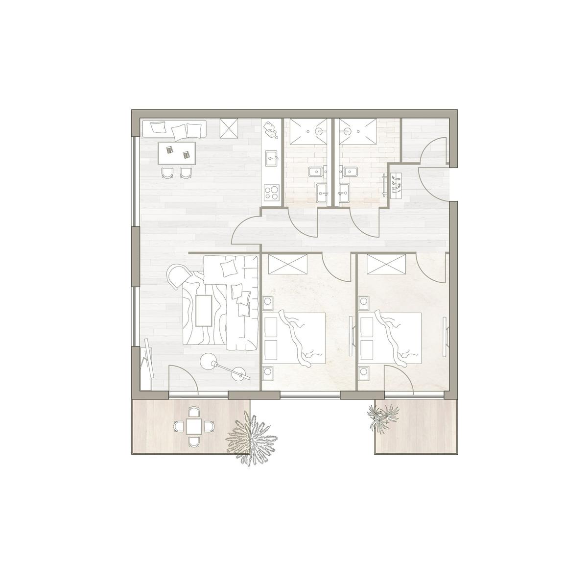 Drei moderne Gebäude mit Balkonen und Terrassen in einem grünen Waldgebiet.