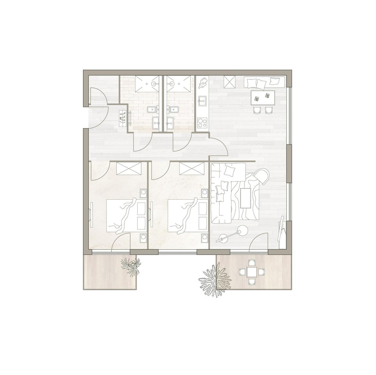 Moderne Mehrfamilienhäuser mit Balkonen und Blumenbeeten im Freien.
