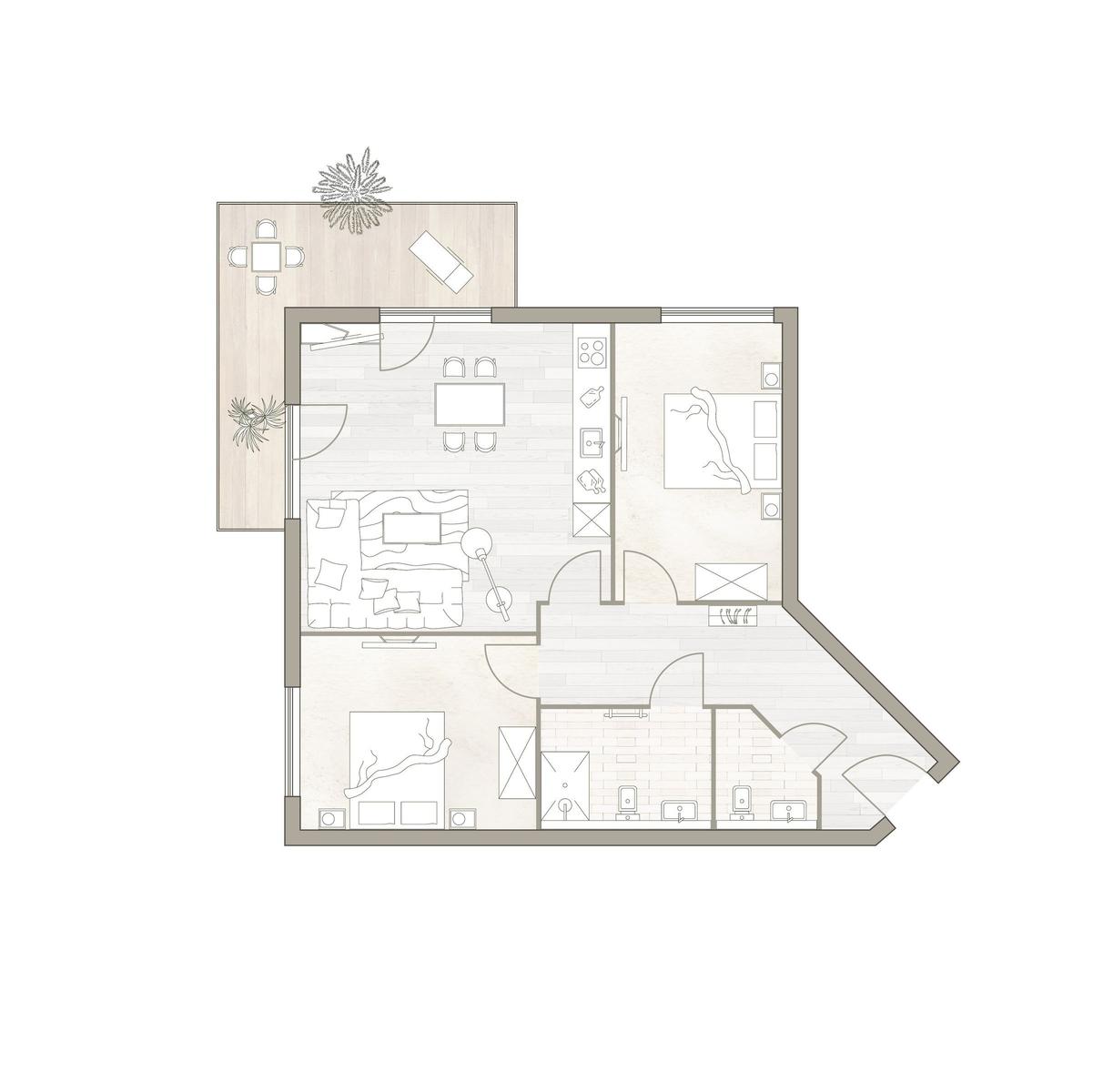 Moderne Mehrfamilienhäuser mit Balkonen und Blumenbeeten im Freien.