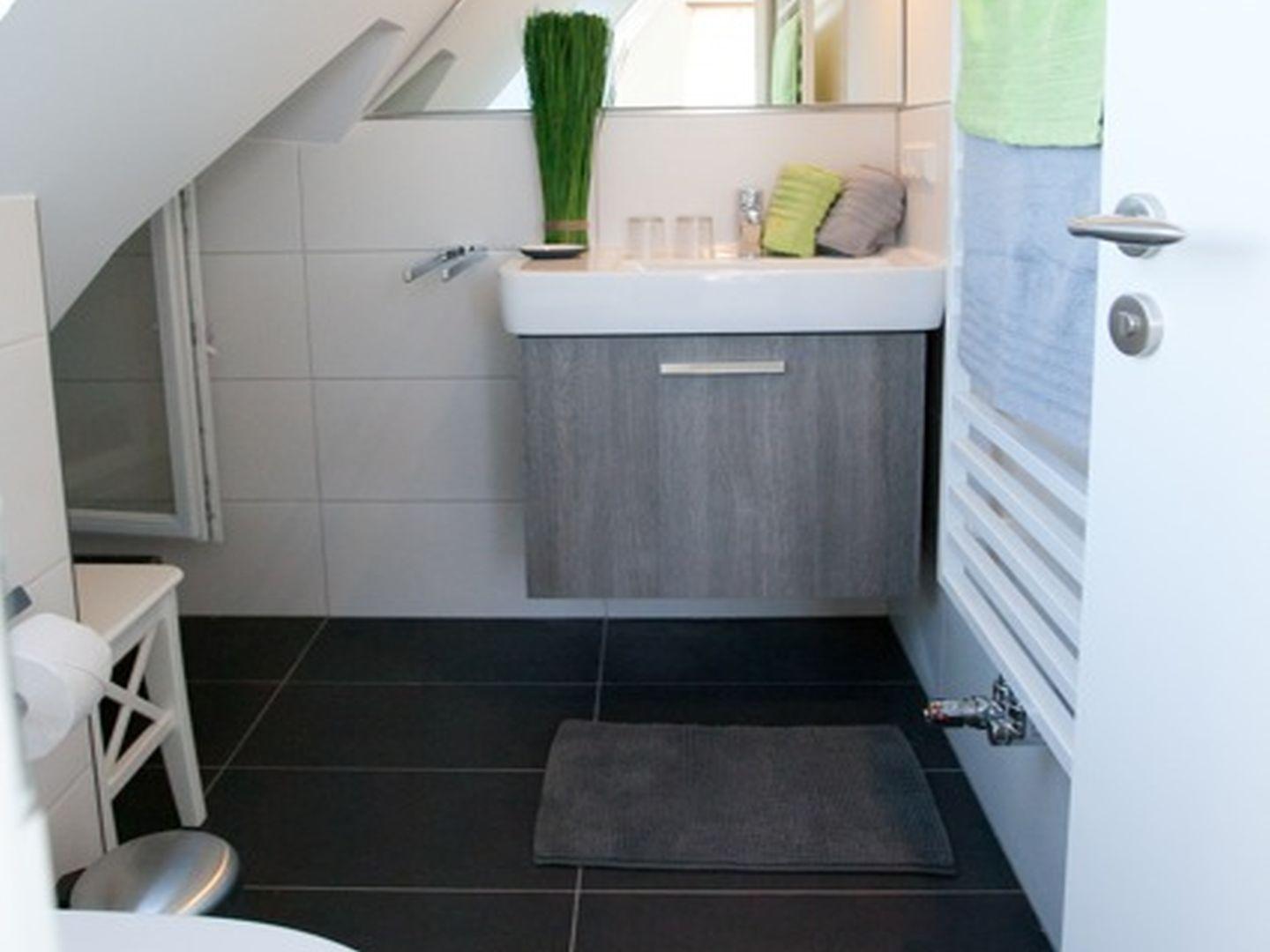 Wohnbereich mit Dachschrägen, TV, Couch und Blick auf Toilette.