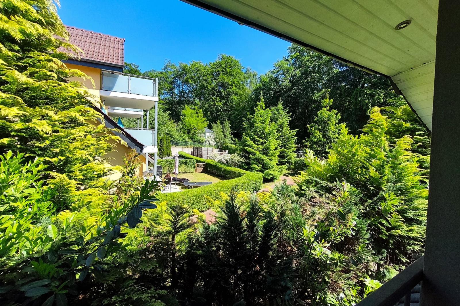 Wunderschön blühende Gartenanlage mit bunten Rosenbeeten am Ferienhaus