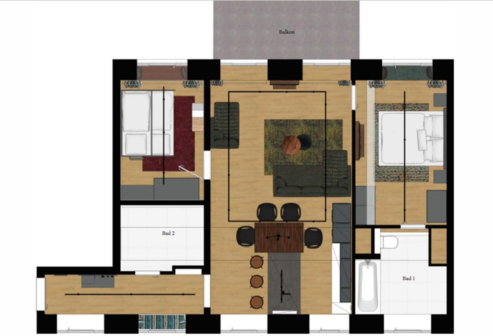 Dieses Apartment hat zwei Schlafzimmer, zwei Badezimmer, eine Küche und einen Balkon.