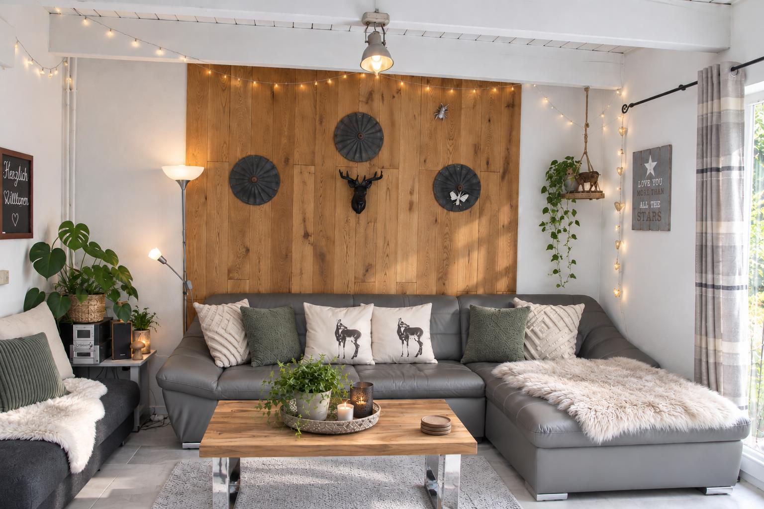 liebelvoll eingerichtetes, offenes Wohnzimmer