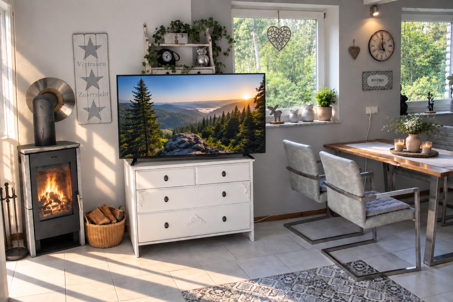 Kamin + 55 Zoll Smart-TV