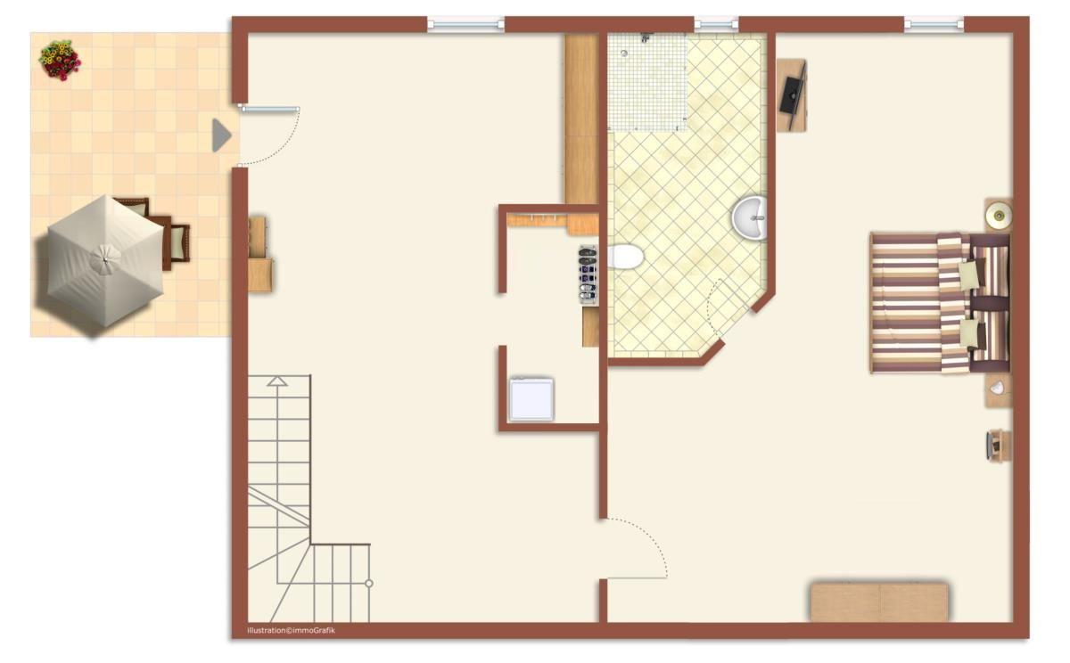 Küche mit Insel, Essbereich und Wohnbereich mit Sofa und Balkon.
