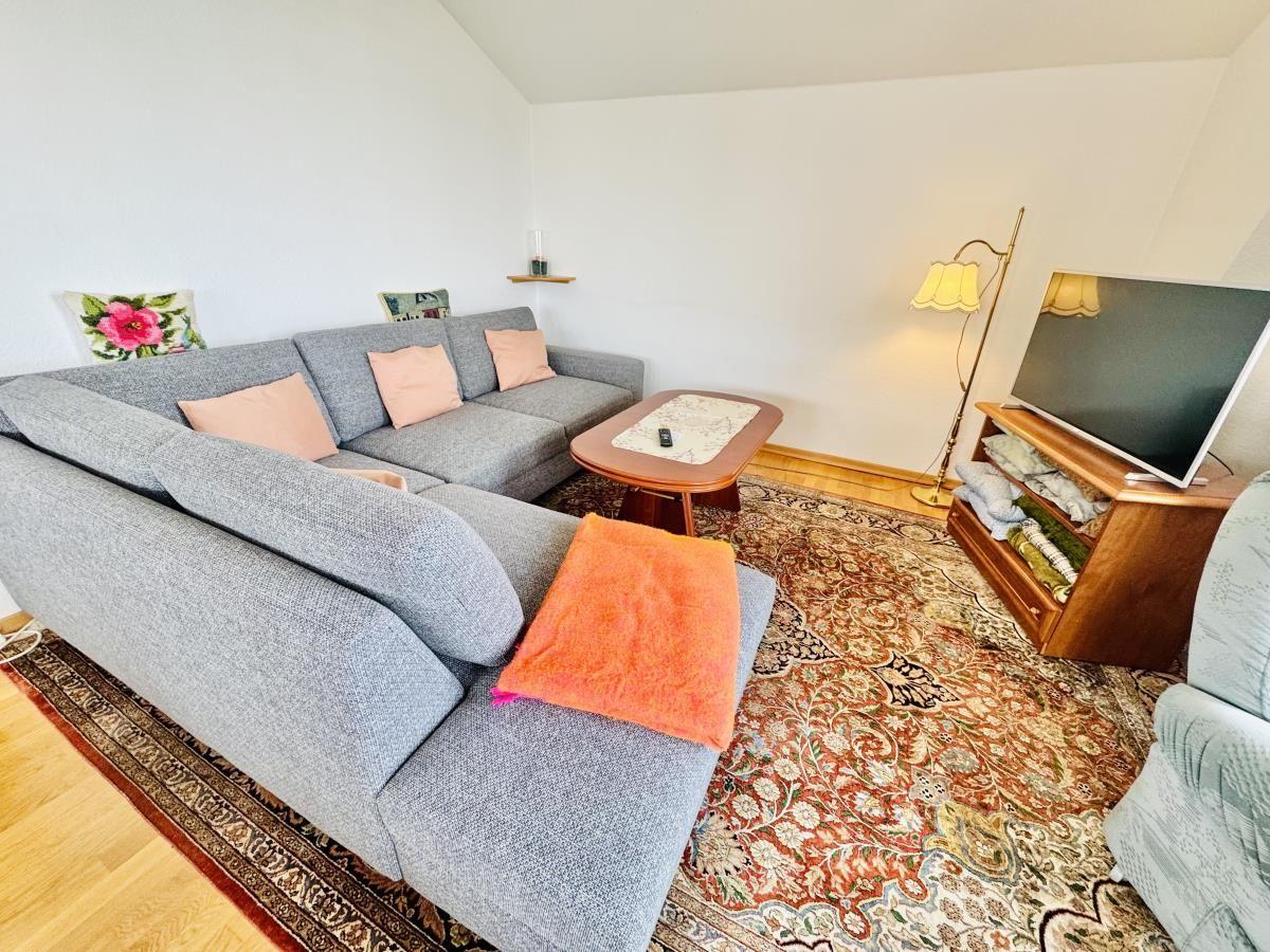 Großes Wohnzimmer mit grauem Sofa, Holztisch und TV. Fenster mit Blick auf Balkon.