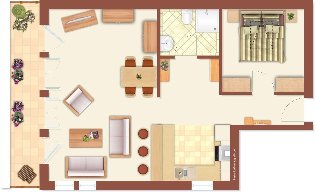 Wohnzimmer mit Sofa, Couchtisch und Teppich. Küche und Essbereich im Hintergrund.