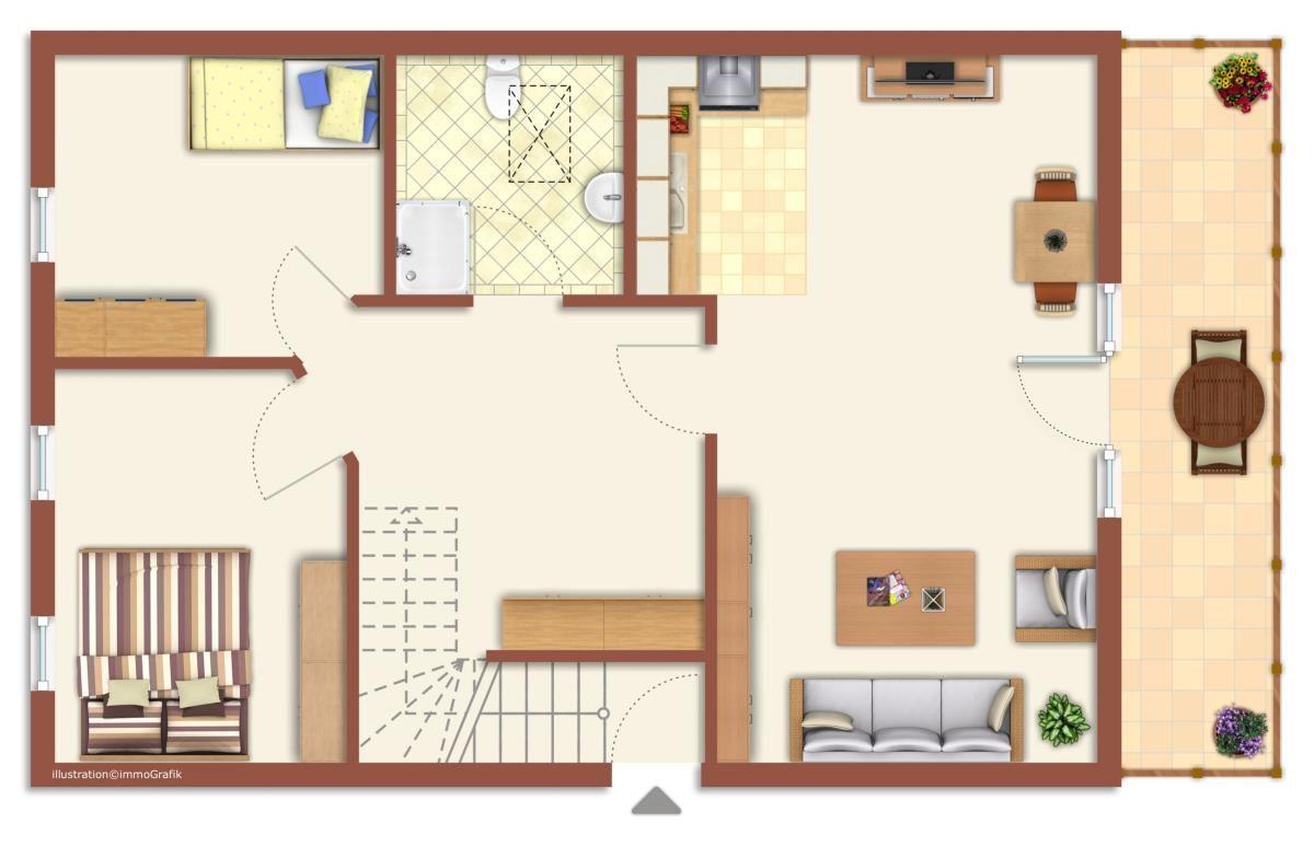 Wohnhaus mit Balkon, Blumenbeet und Bäumen im Vordergrund.