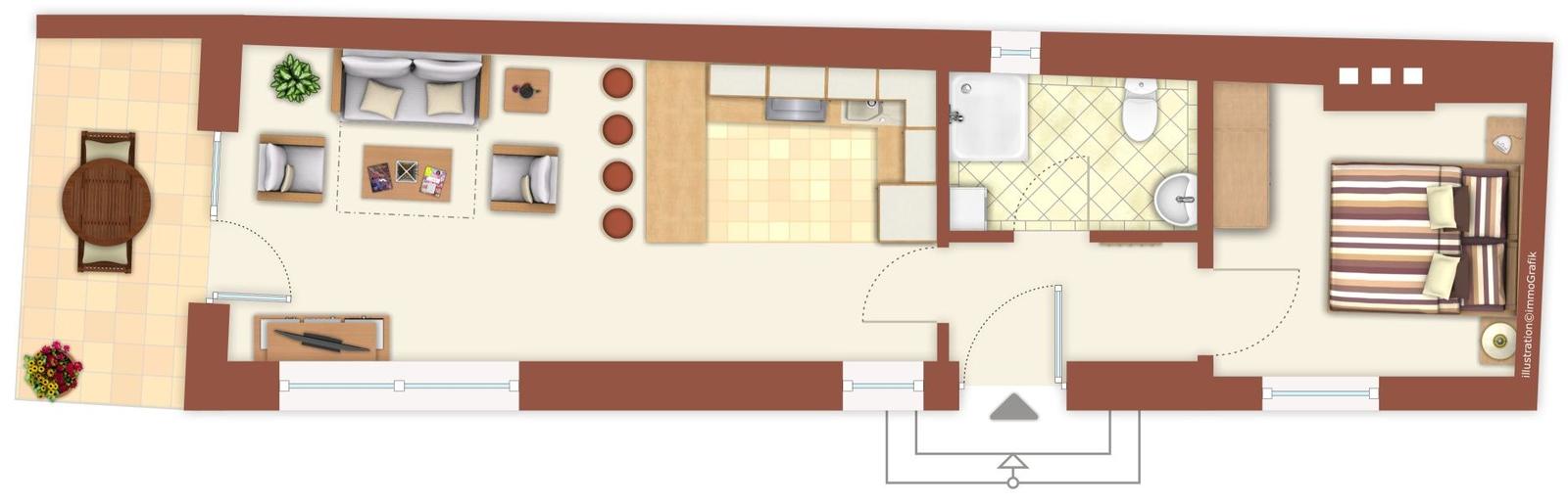 Wohnzimmer mit Sofa, zwei Sesseln, Tisch und Fernseher. Wandbild und Terrassentür.