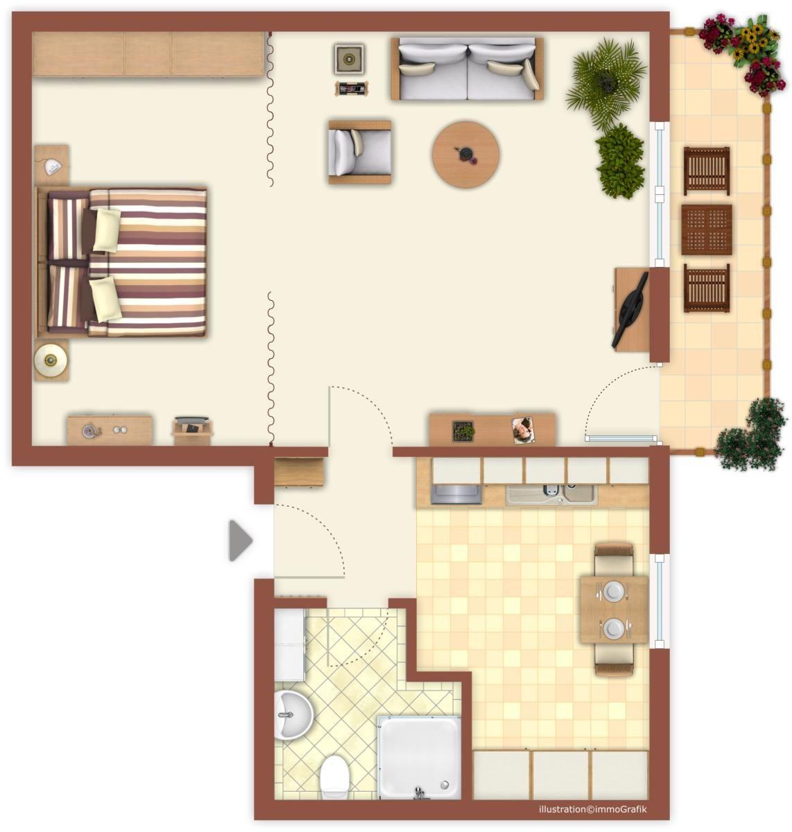 Wohnzimmer mit grünem Sofa, Couchtisch und Bett im Hintergrund.